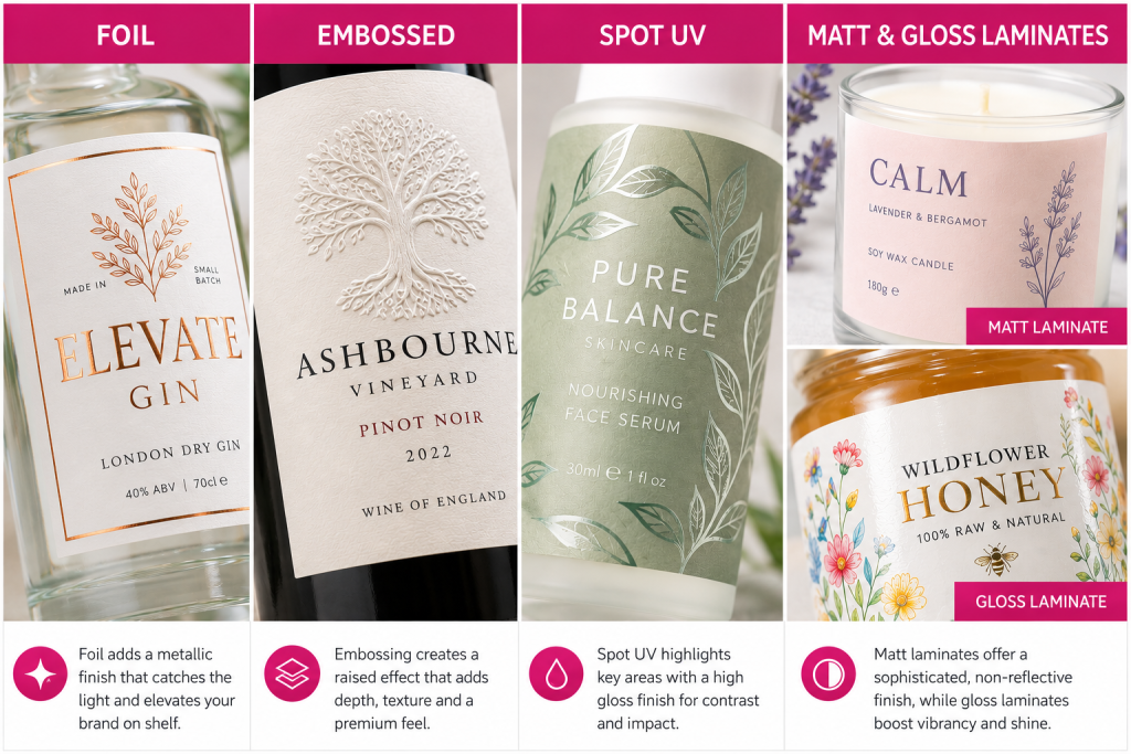 Main different label finish options examples
